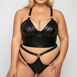 Leather chain women's plus size sexy lingerie two-piece set