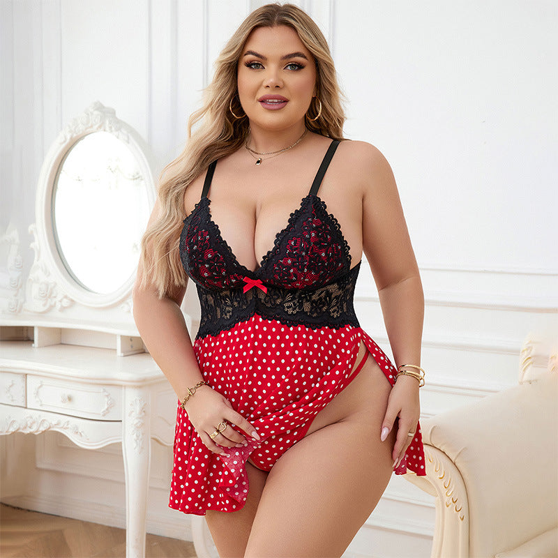 Large size red polka dot skirt with split lace and fun sleeping skirt set