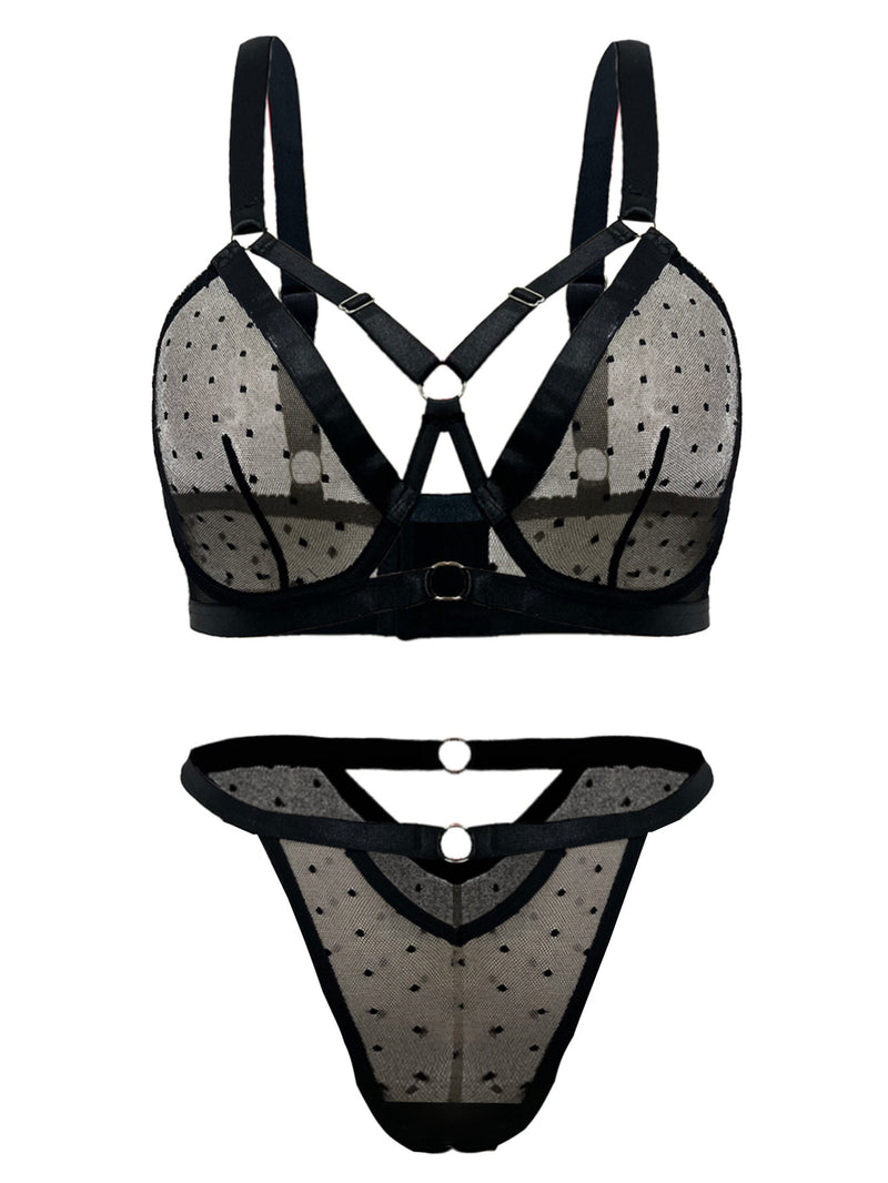 Mesh perspective polka dot lingerie two-piece set