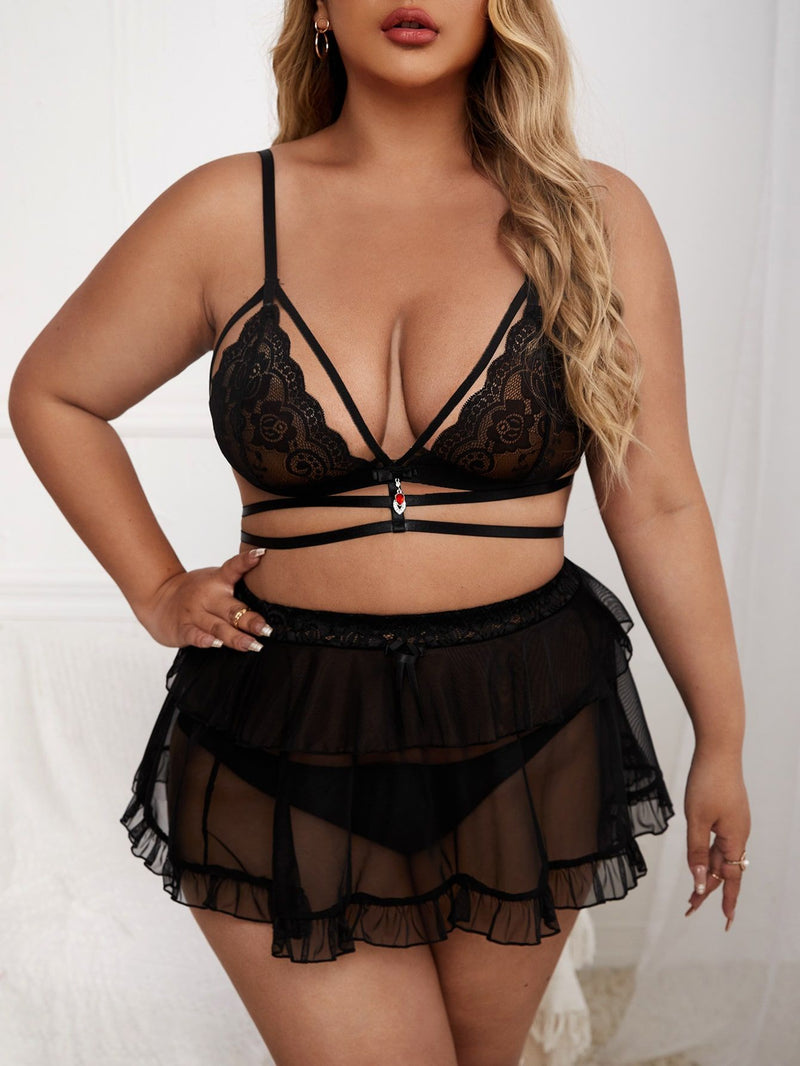 3-piece set of large-sized mesh bra, skirt, underwear