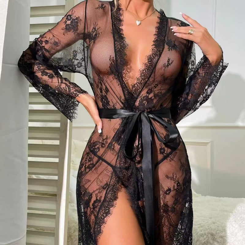 Mesh see through lace nightgown 2-piece set