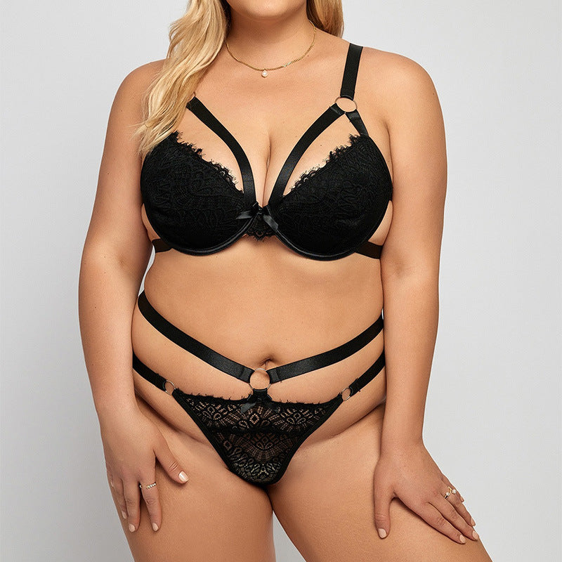 Black lace plus size sexy lingerie two-piece set