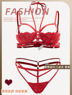 Hanging neck red strap tempting half round bra two-piece set