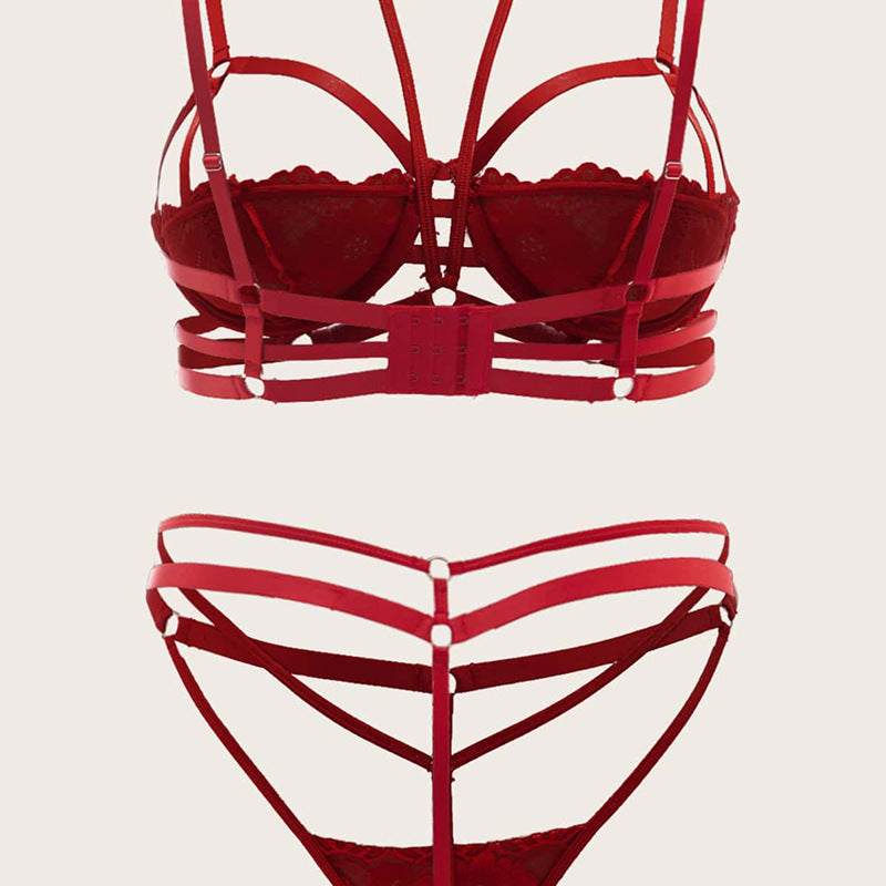 Hanging neck red strap tempting half round bra two-piece set