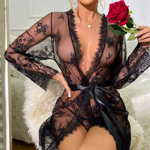 Mesh see through lace nightgown 2-piece set