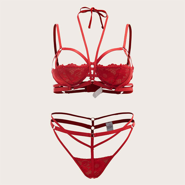 Hanging neck red strap tempting half round bra two-piece set