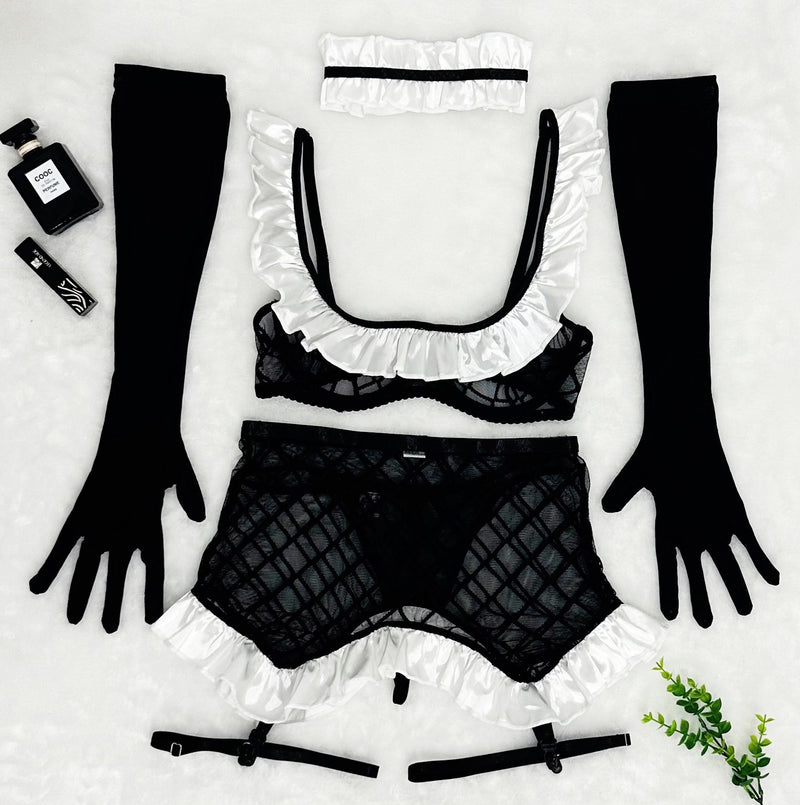 Maid outfit perspective sexy mesh lingerie five piece set